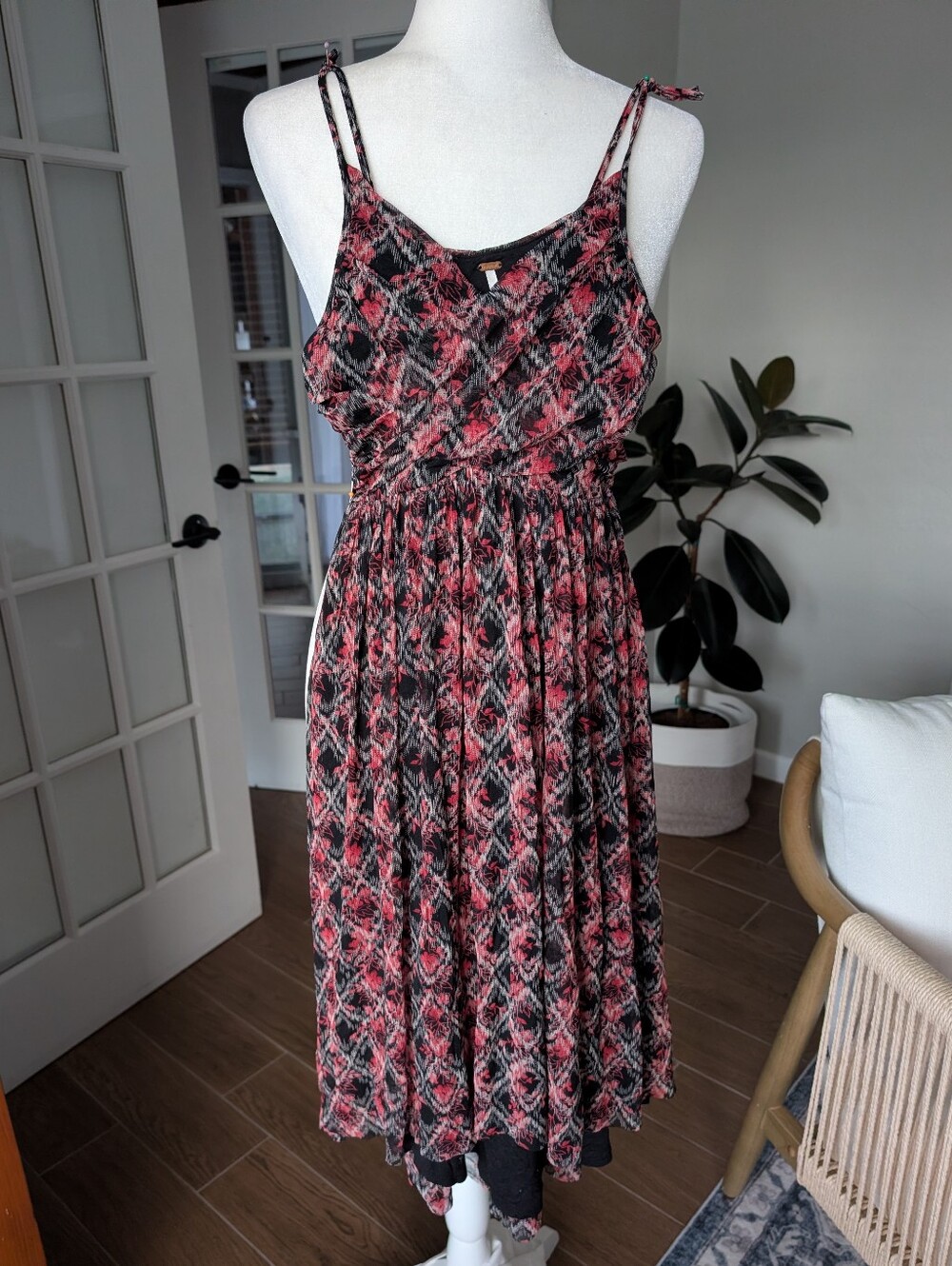 Free People Sleeveless Red & Black Printed Midi Dress Medium